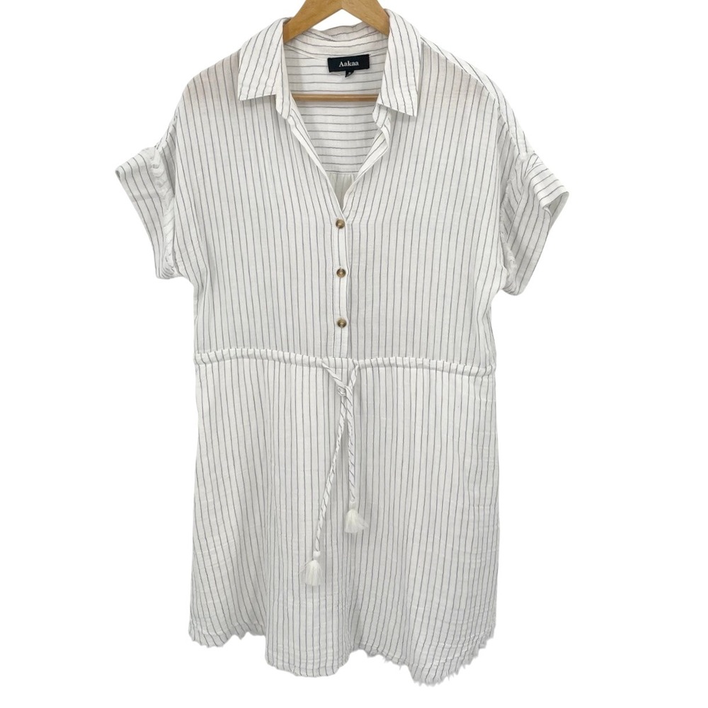 Aakaa Womens S‎ Striped Short Sleeve Shirt Dress Drawstring Waist Summer Coastal